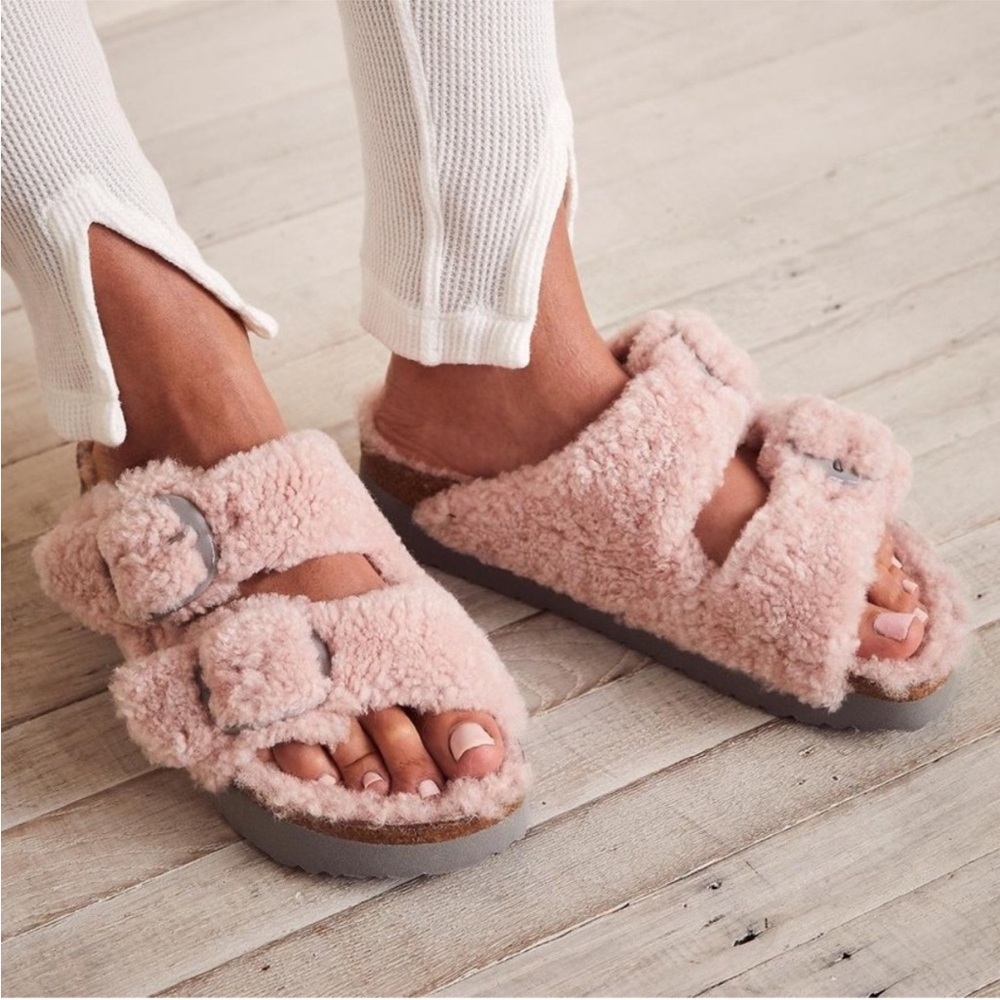 Birkenstock | Papillio Arizona Big Buckle Shearling Sandals Teddy Crystal Rose 7